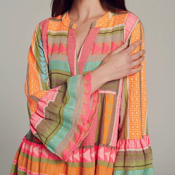 Devotion Twins Ella Embroidered Cotton Multicolor Tunic Mid Dress - Picture 4 of 9